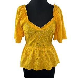 H&M Yellow Short Sleeve V-Neck Embroidered Eyelet 100% Cotton Peplum Top Size 6